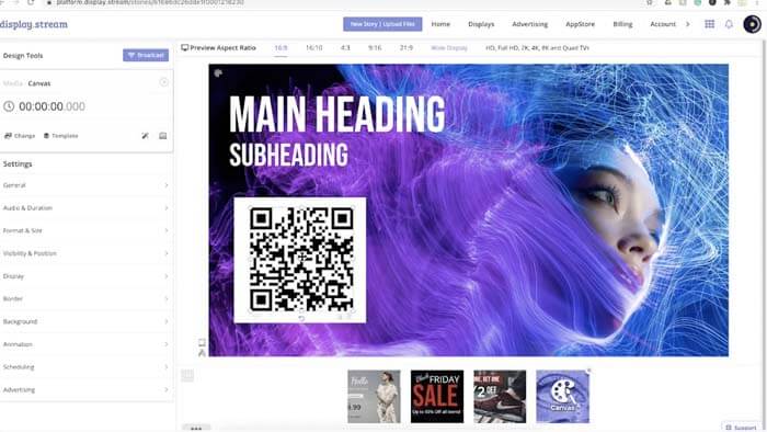 Graphic Design tool for free digital signage using both templates and a blank canvas